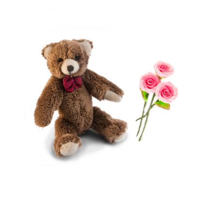 Mini-nallen Oliver och tre rosa mini-rosor