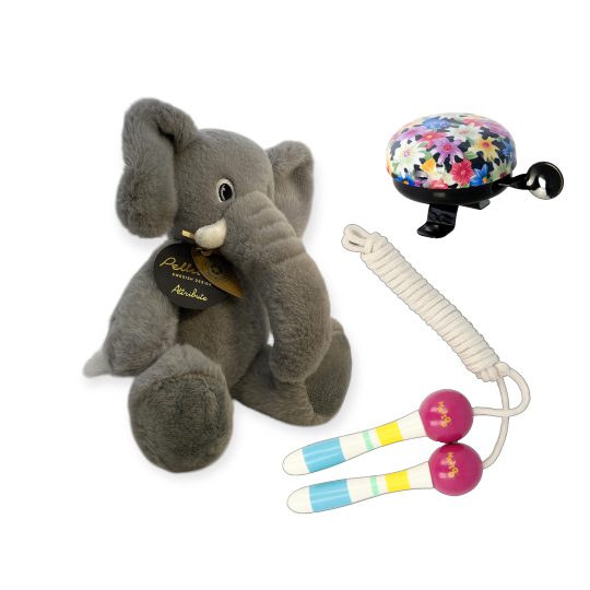 Grå goseelefant trähopprep och blommig ringklocka